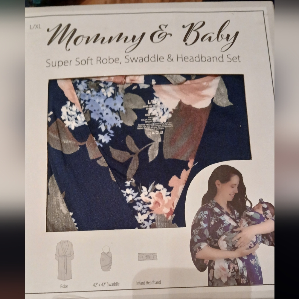 Mommy And Baby (Newborn) Floral Blue and Pink Robe with Headband